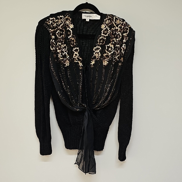 Magnolia Sweaters - Vtg 90s Magnolia Black Faux Wrap, Beaded Scarf, Deep Vneck Sweater, Size Med